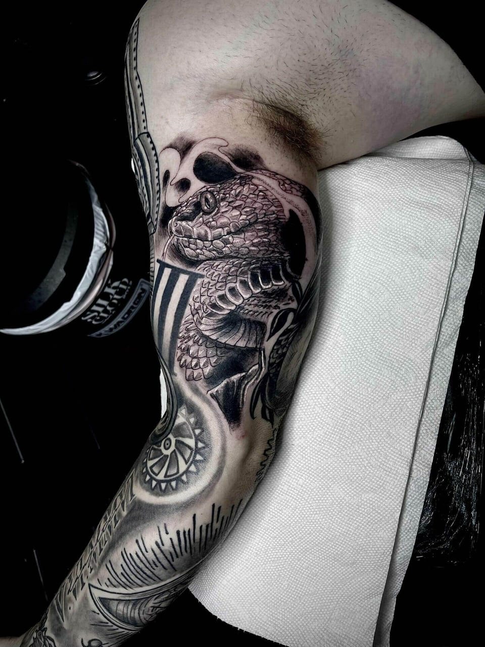 A black and grey snake winds through a skull on the inner upper arm.