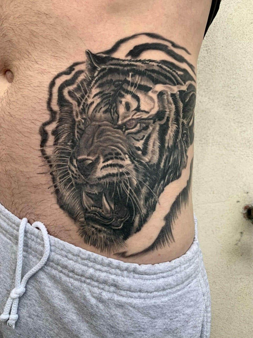 A black and grey roaring tiger emerges through claw marks on the side of the abdomen.