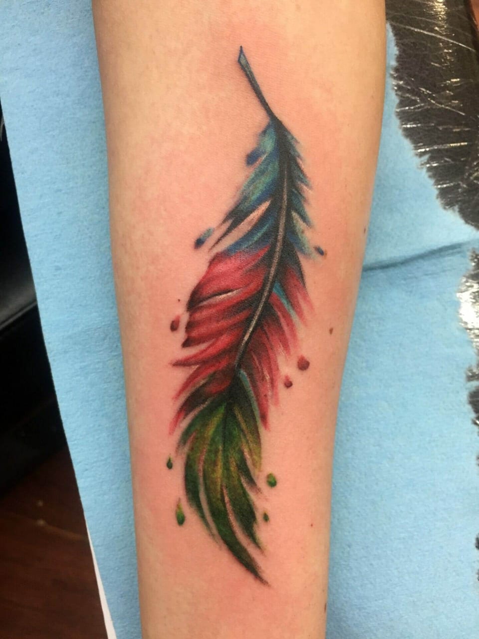 A watercolor feather in blue, red and green runs along a forearm amid ink splashes.