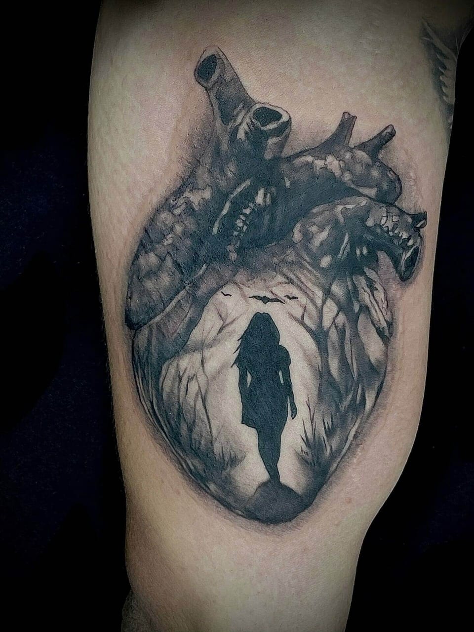 A black and grey anatomical heart contains a woman's silhouette among bare trees and bats on a thigh.