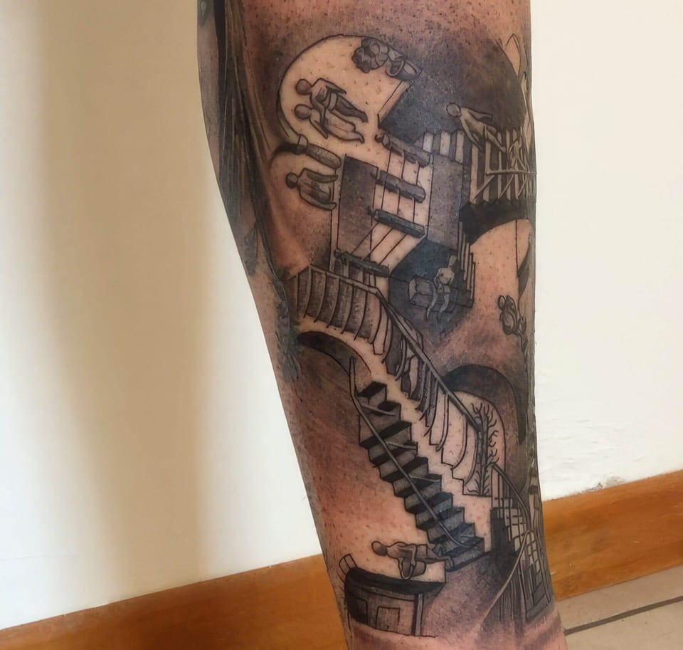Black and grey figures move through an arrangement of intersecting staircases on a calf.