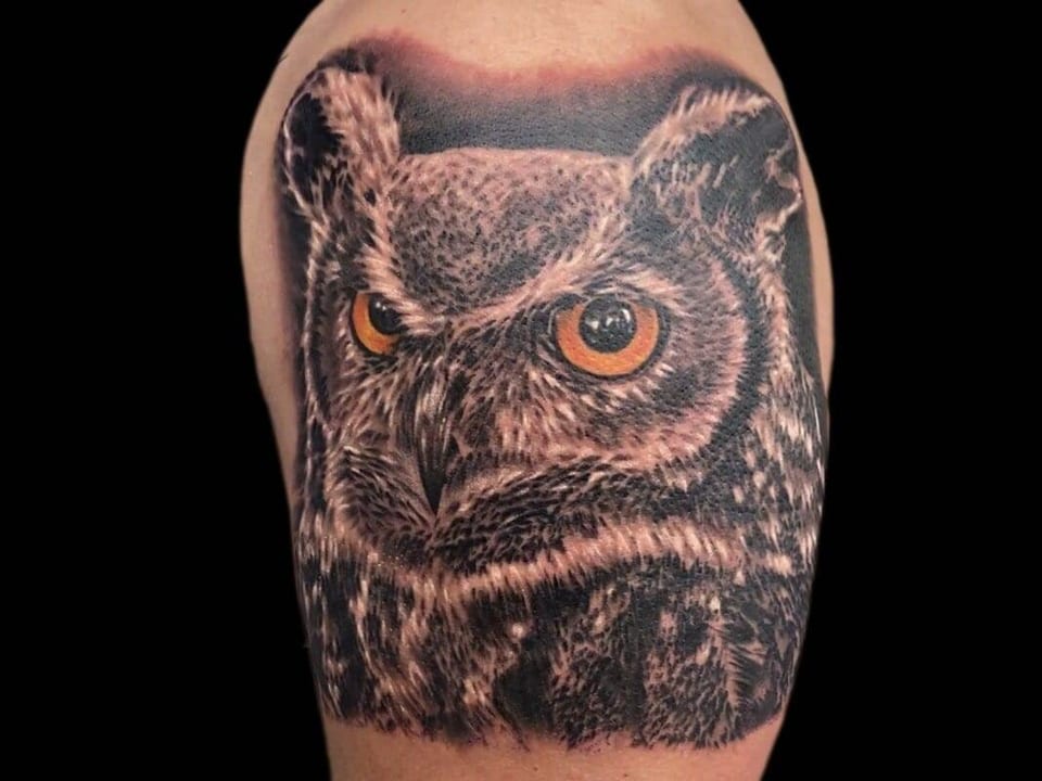 A realistic black and grey owl with orange eyes covers an upper arm.