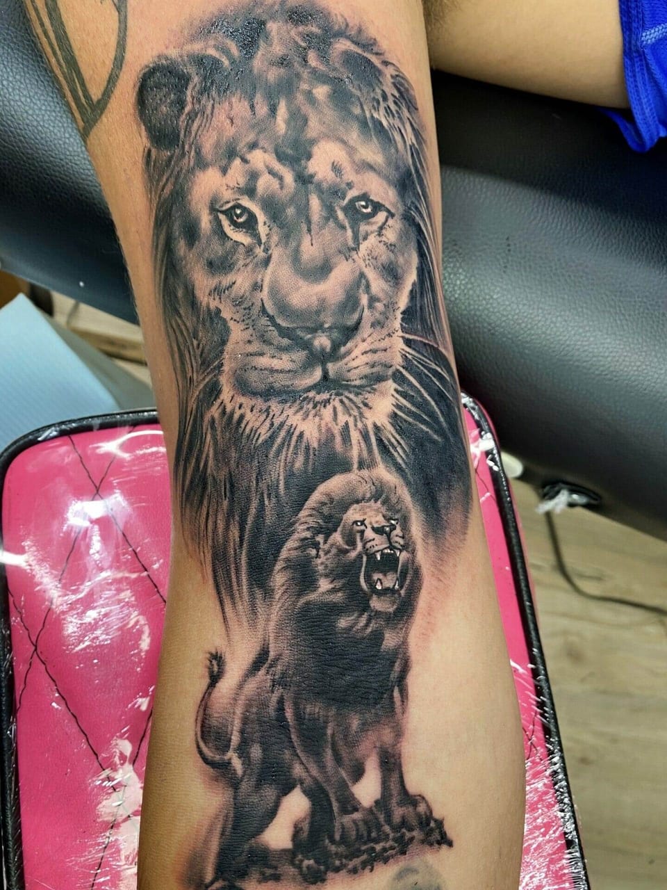 A black and grey realism lion portrait sits above a roaring lion on the forearm.