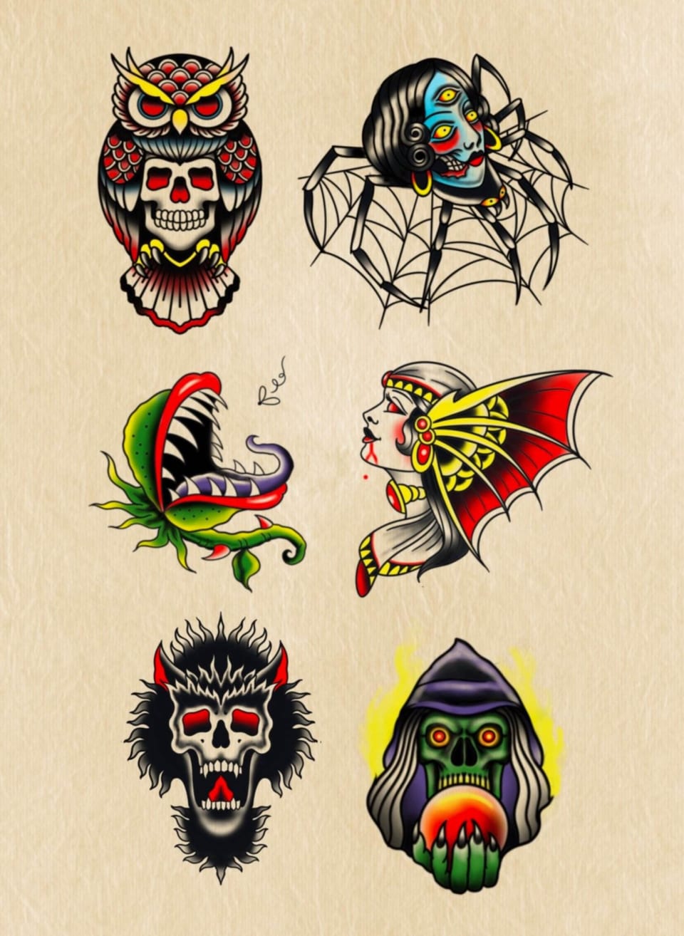 A color traditional flash sheet displays an owl, skulls, a spider woman and a carnivorous plant.