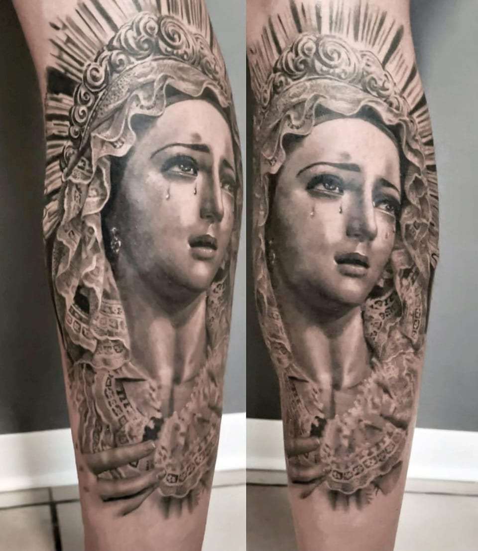 A black and grey realism weeping veiled woman covers an arm, shown from different angles.