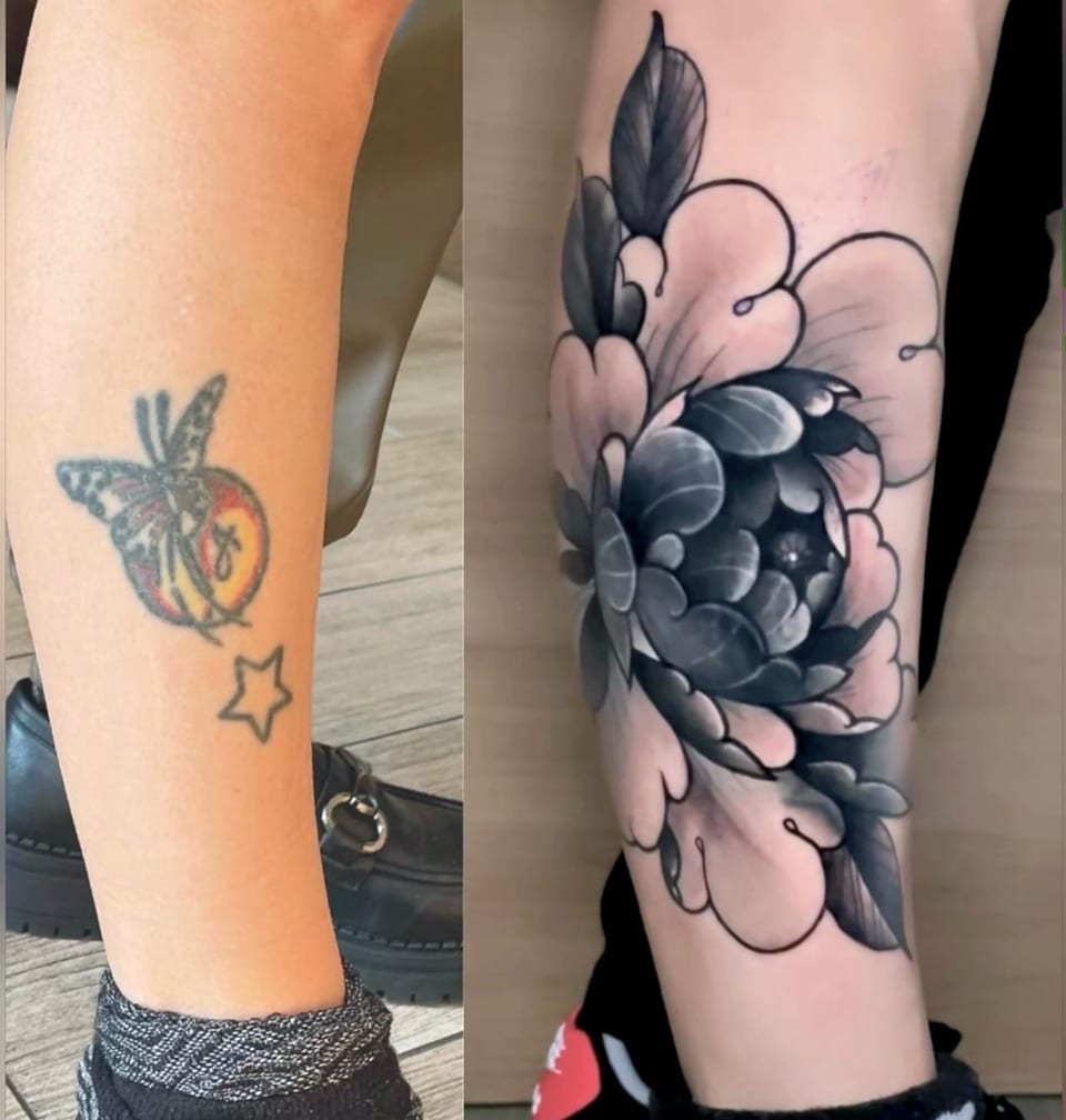A calf comparison shows a small butterfly and star beside a black and grey Japanese peony tattoo.