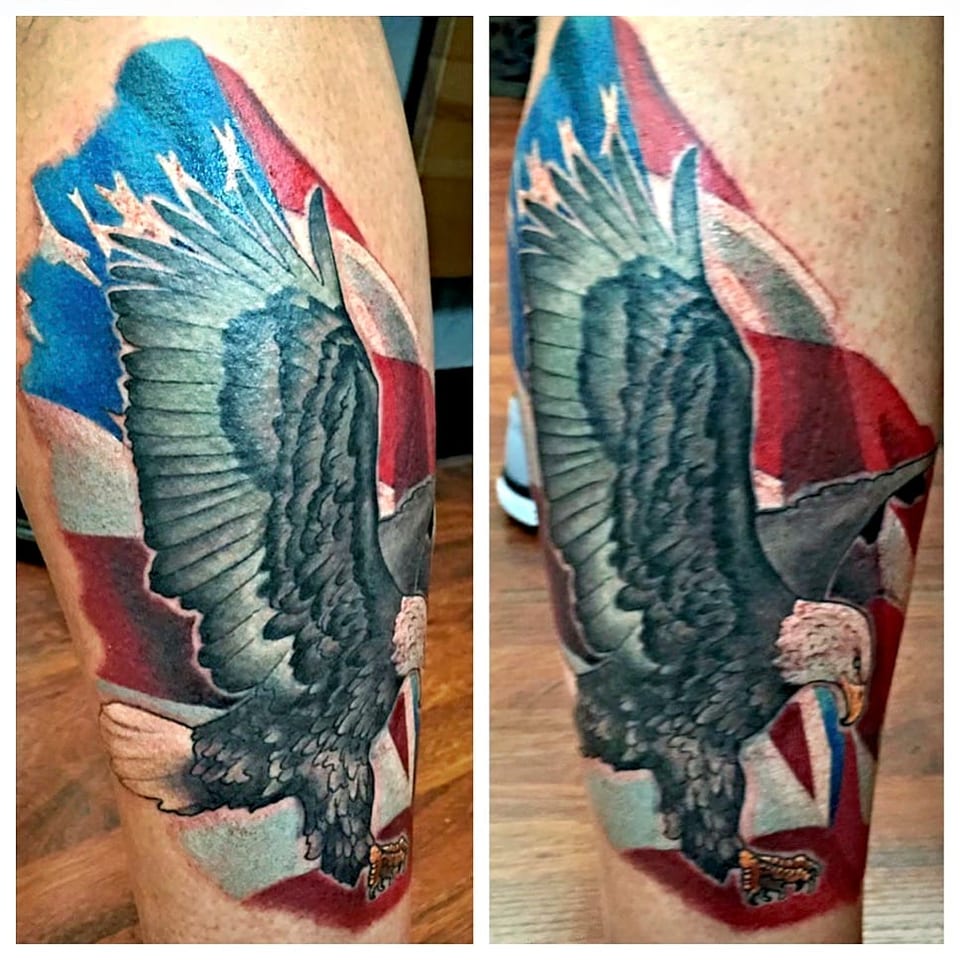 A color realism eagle over an American flag covers a calf, shown from different angles.