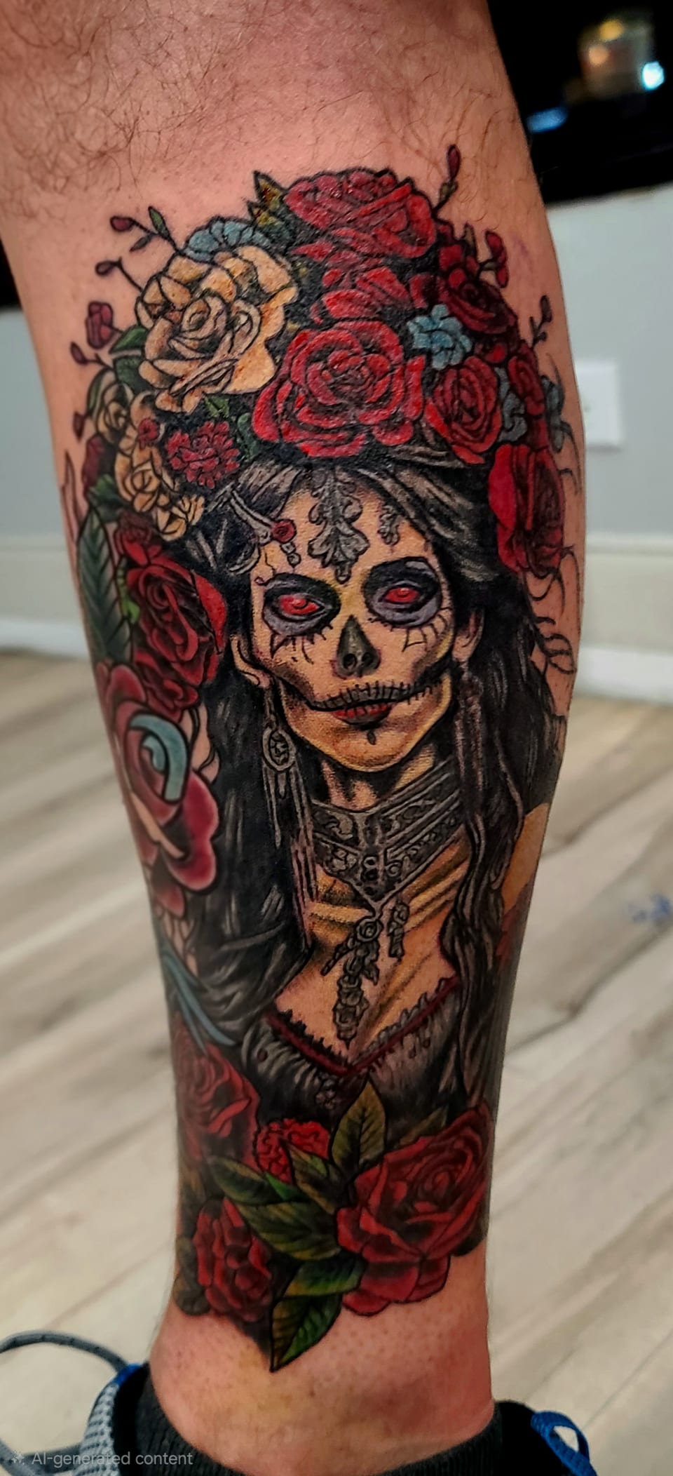 A woman with skull makeup and red roses fills a colorful arm tattoo.