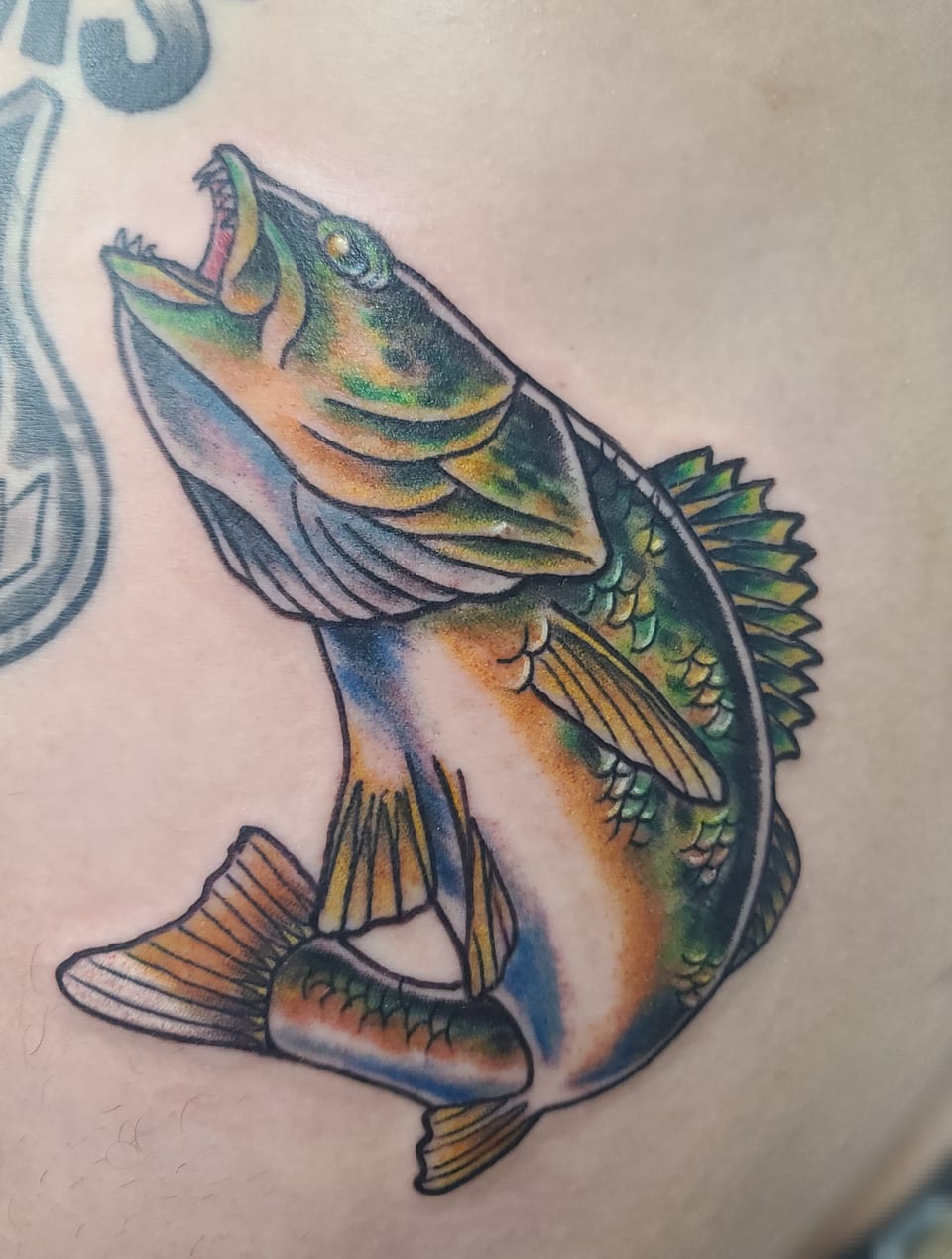 A green and gold fish leaps upward in a colorful arm tattoo.