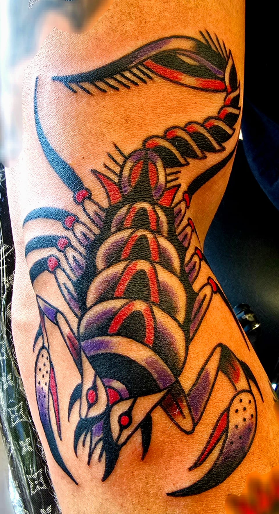 A red and gold centipede tattoo curves along an arm.