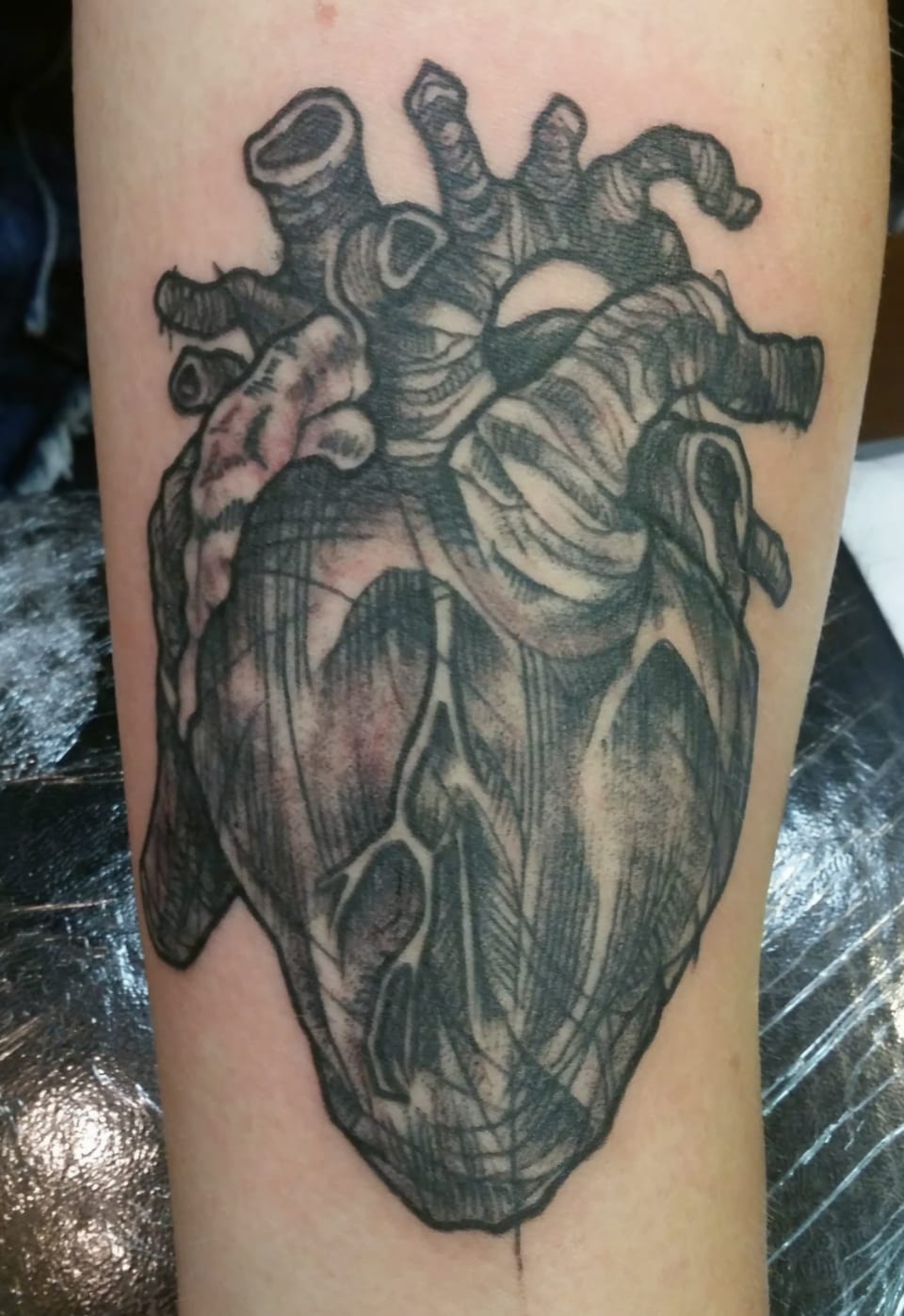A shaded anatomical heart tattoo fills the forearm.