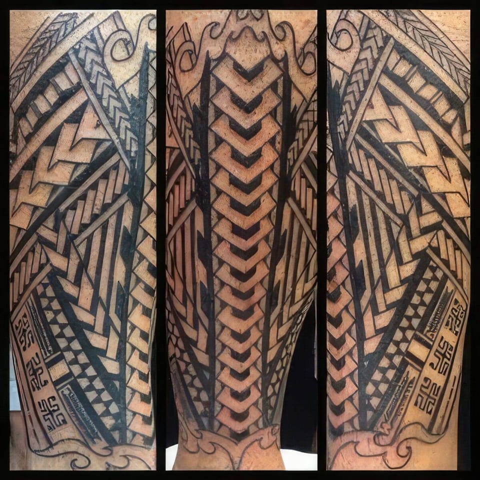 Black Polynesian-style tribal arm tattoo with chevron panels shown in three views, tattooed by Seth Reynolds