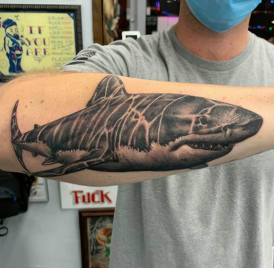 A black and grey realistic shark with rippling light spans the inner upper arm.