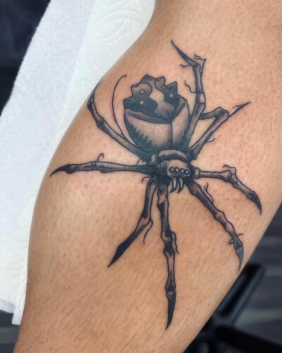 Black and grey illustrative spider with an angular patterned body sits on the leg.