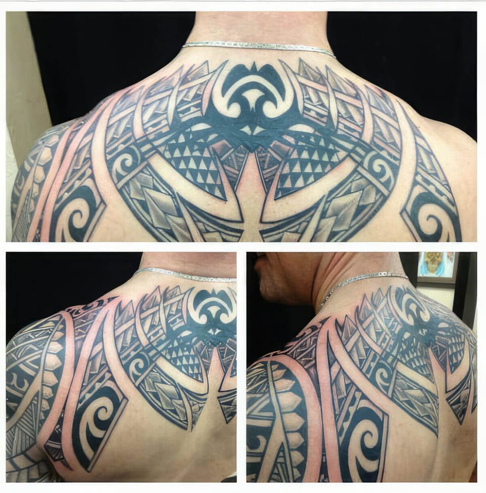 Black Polynesian-style back piece shown in three photos, tattooed by Seth Reynolds