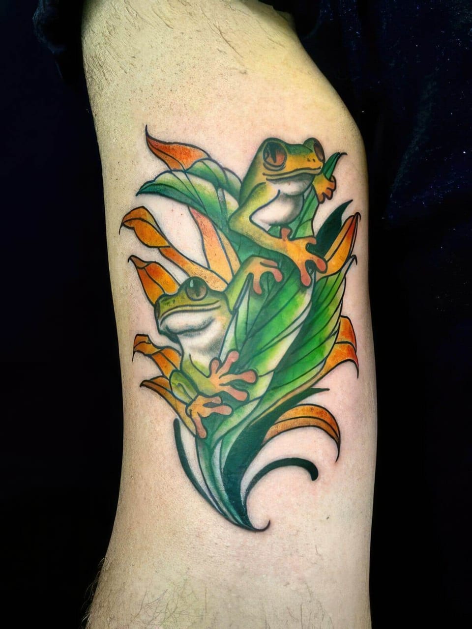 A colorful illustrative tattoo of green tree frogs on broad leaves covers an upper arm.
