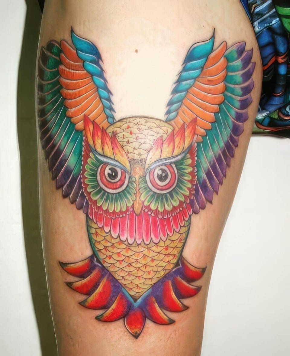 A colorful illustrative owl with spread rainbow wings covers a thigh.