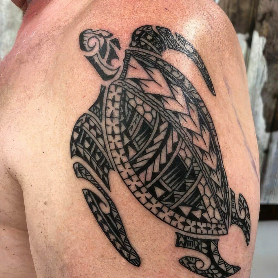A black Polynesian sea turtle with patterned flippers covers a shoulder.