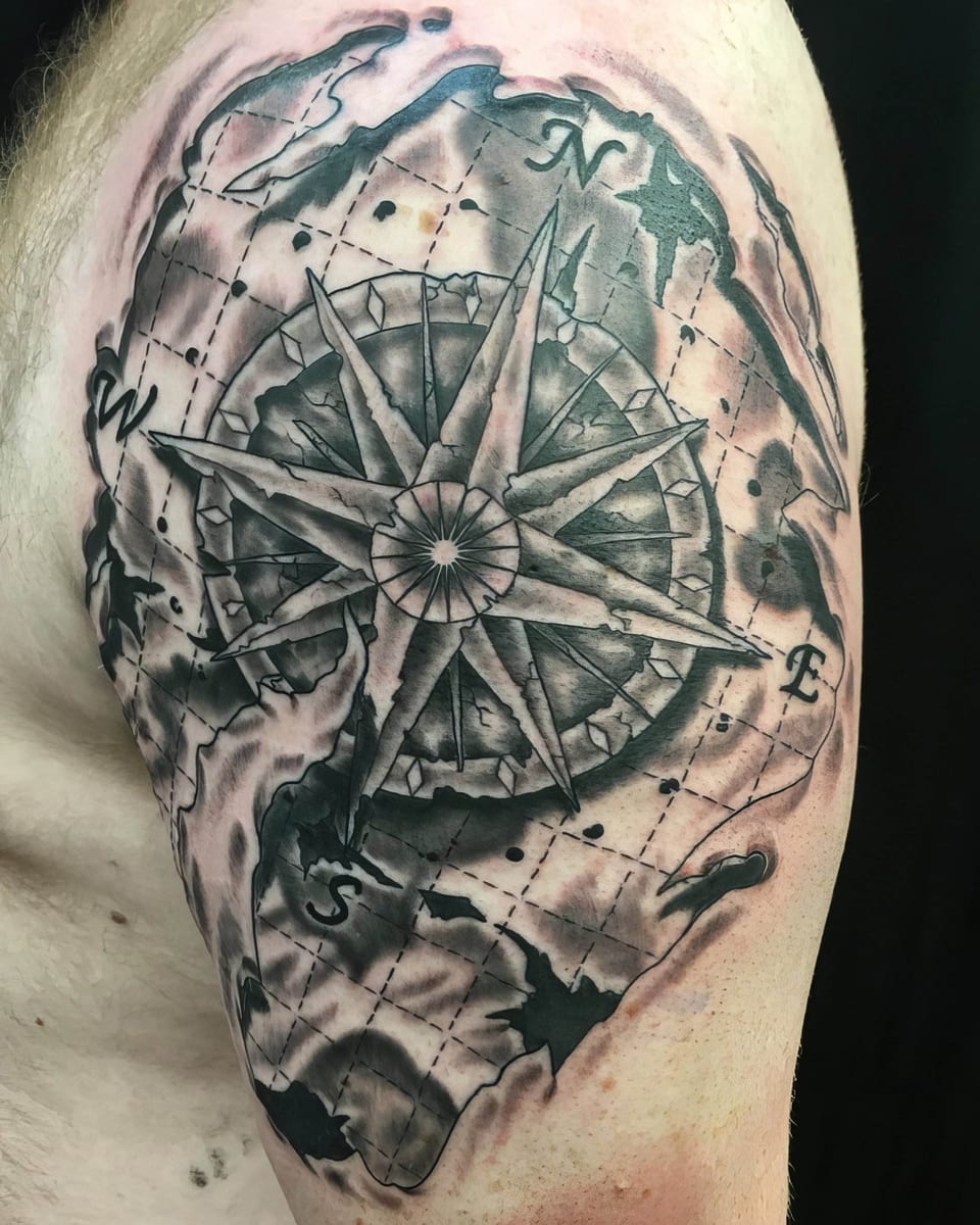 A black-and-grey realistic compass over a weathered map covers a shoulder and upper arm.