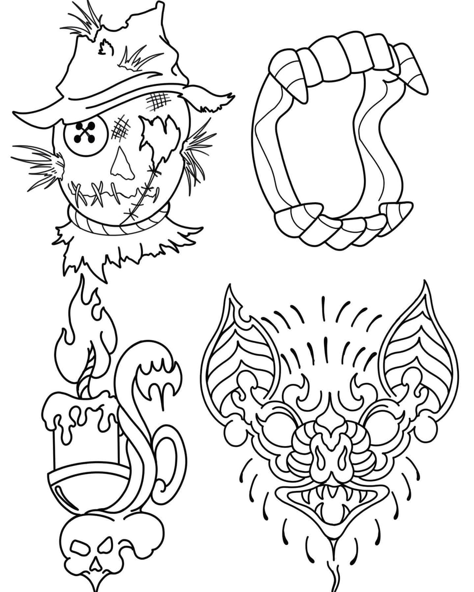A black outline flash sheet shows a stitched scarecrow, fangs, a candle and a bat face.