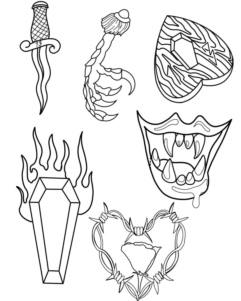 A black outline flash sheet shows a dagger, claw, coffins, fanged mouth and rose inside a barbed wire heart.