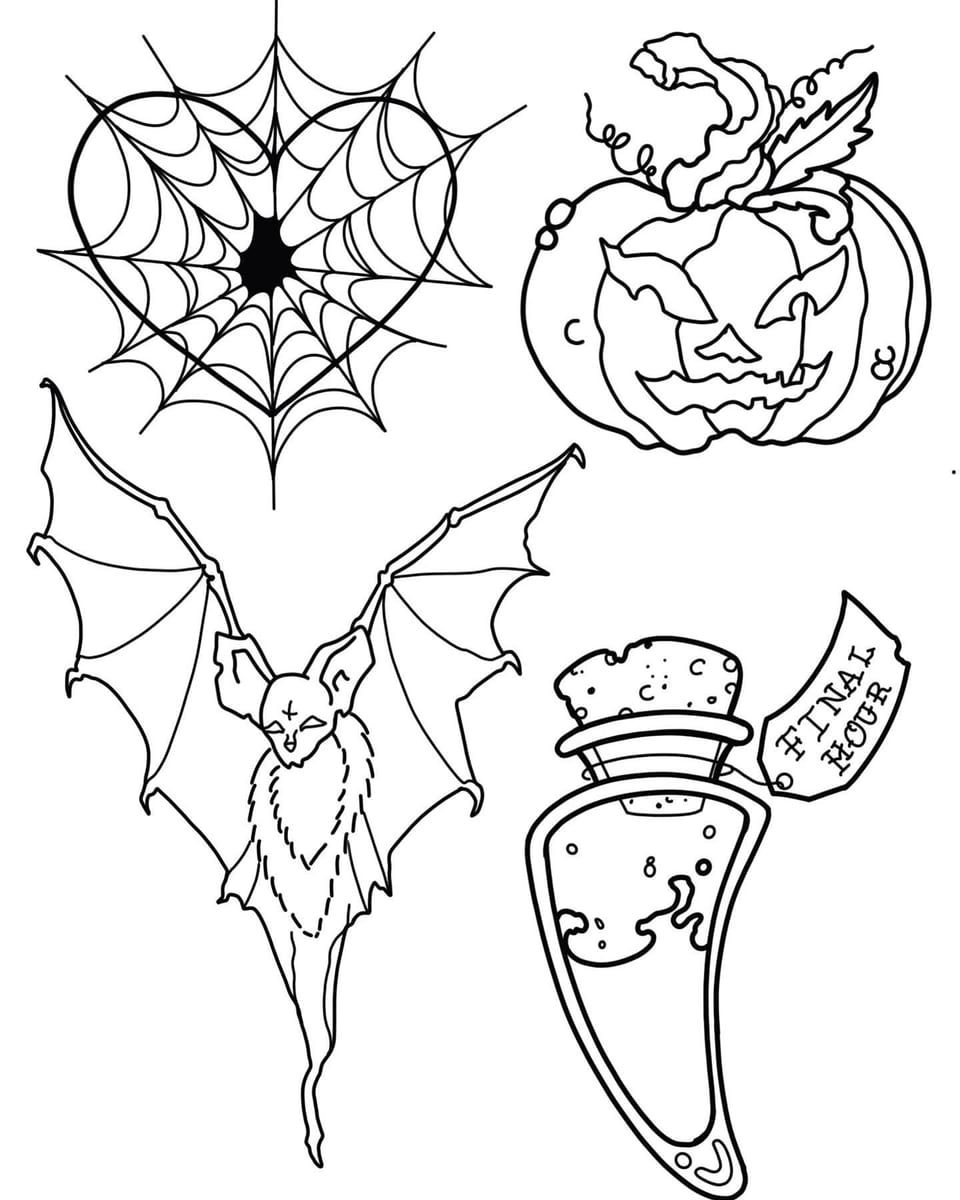 A black outline flash sheet shows a heart-shaped web, jack-o'-lantern, flying bat and potion bottle.