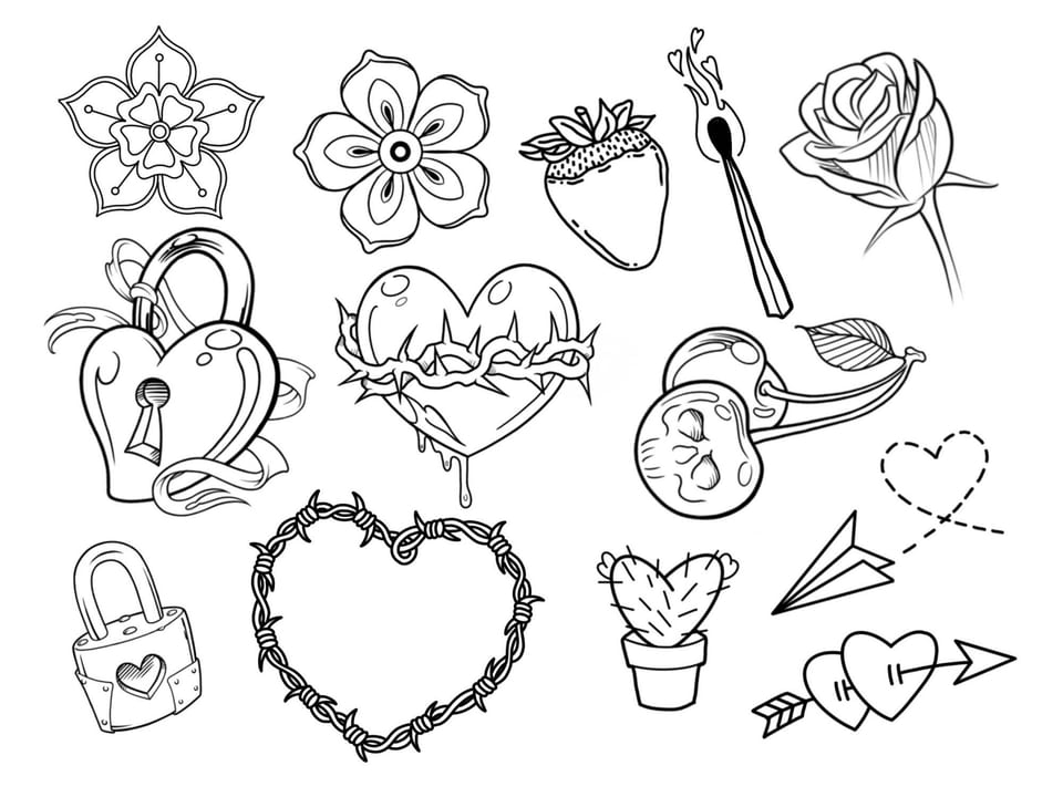 A black line flash sheet shows flowers, fruit, padlocks, hearts, a cactus and a paper plane.