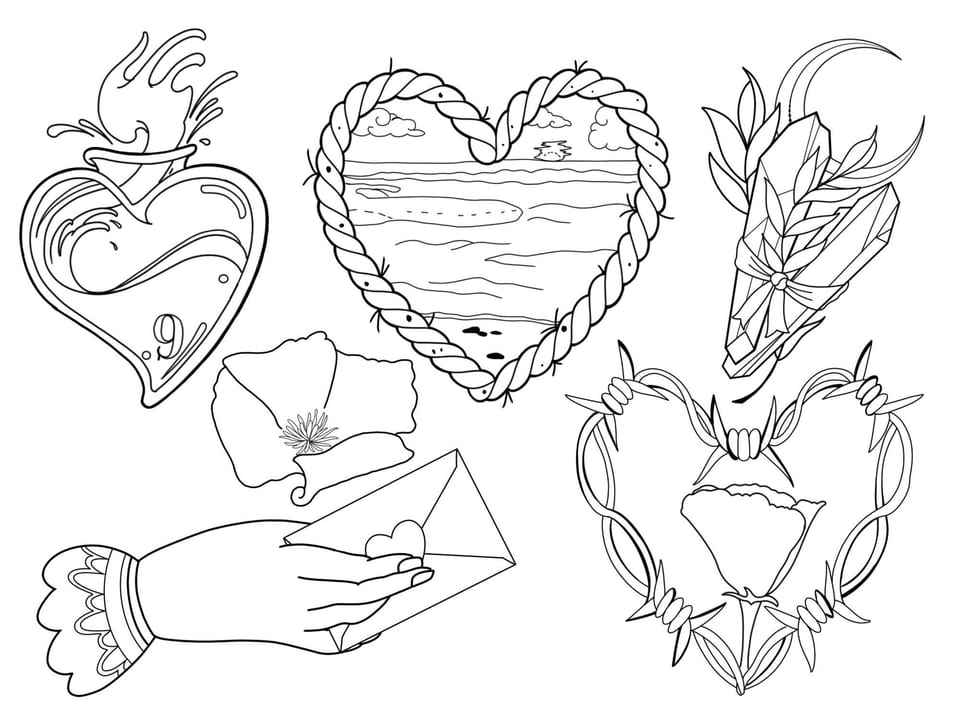 A black outline flash sheet shows a beach in a heart, crystals, a flaming heart bottle and a hand holding a letter.