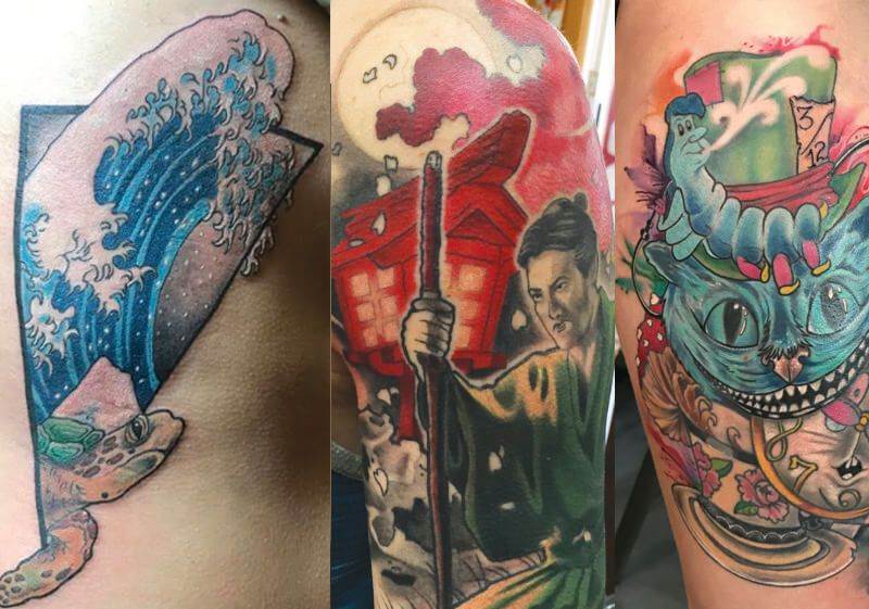 Japanese tattoos on a man's sleeve incorporate traditional elements with modern designs.