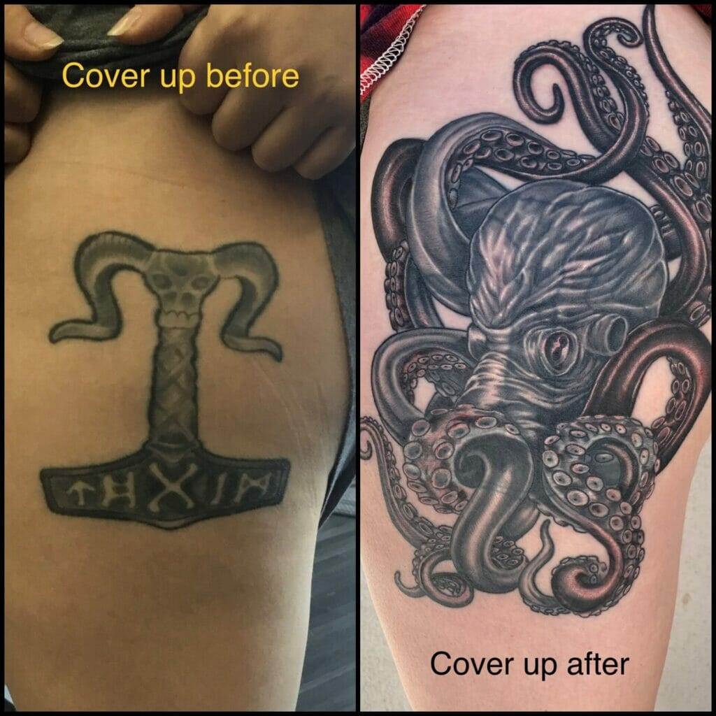 Octopus tattoo before and after.