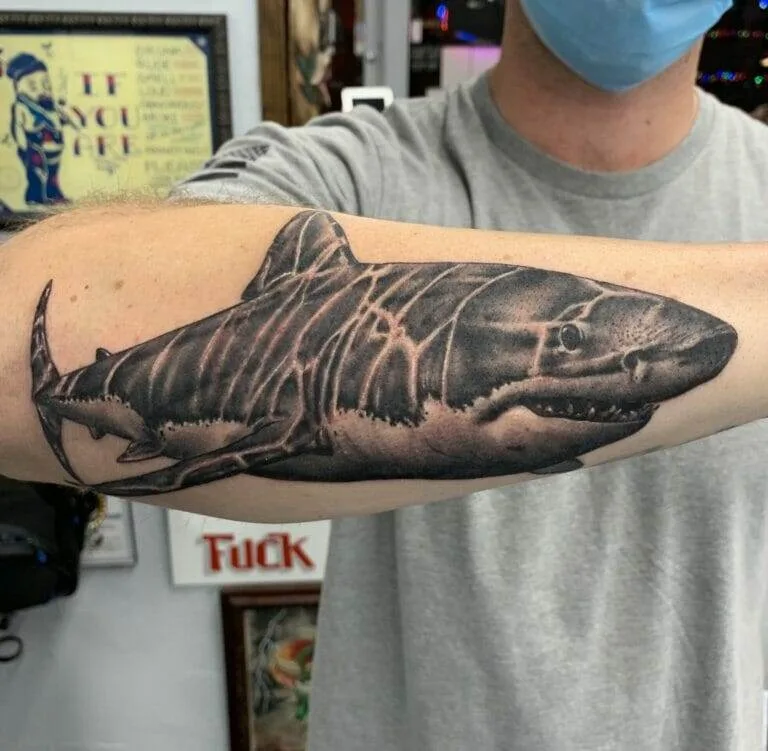 A tattoo of a great white shark on a man's arm.