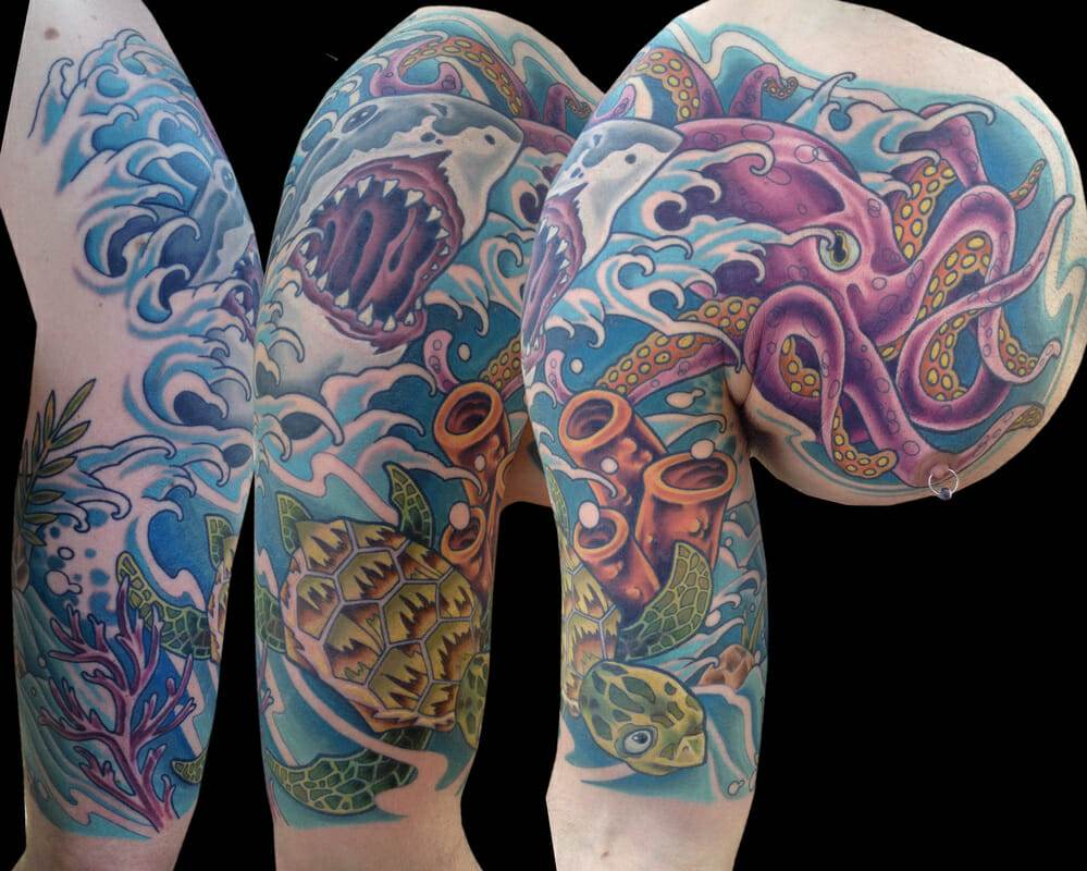 An octopus tattoo on a woman's sleeve.