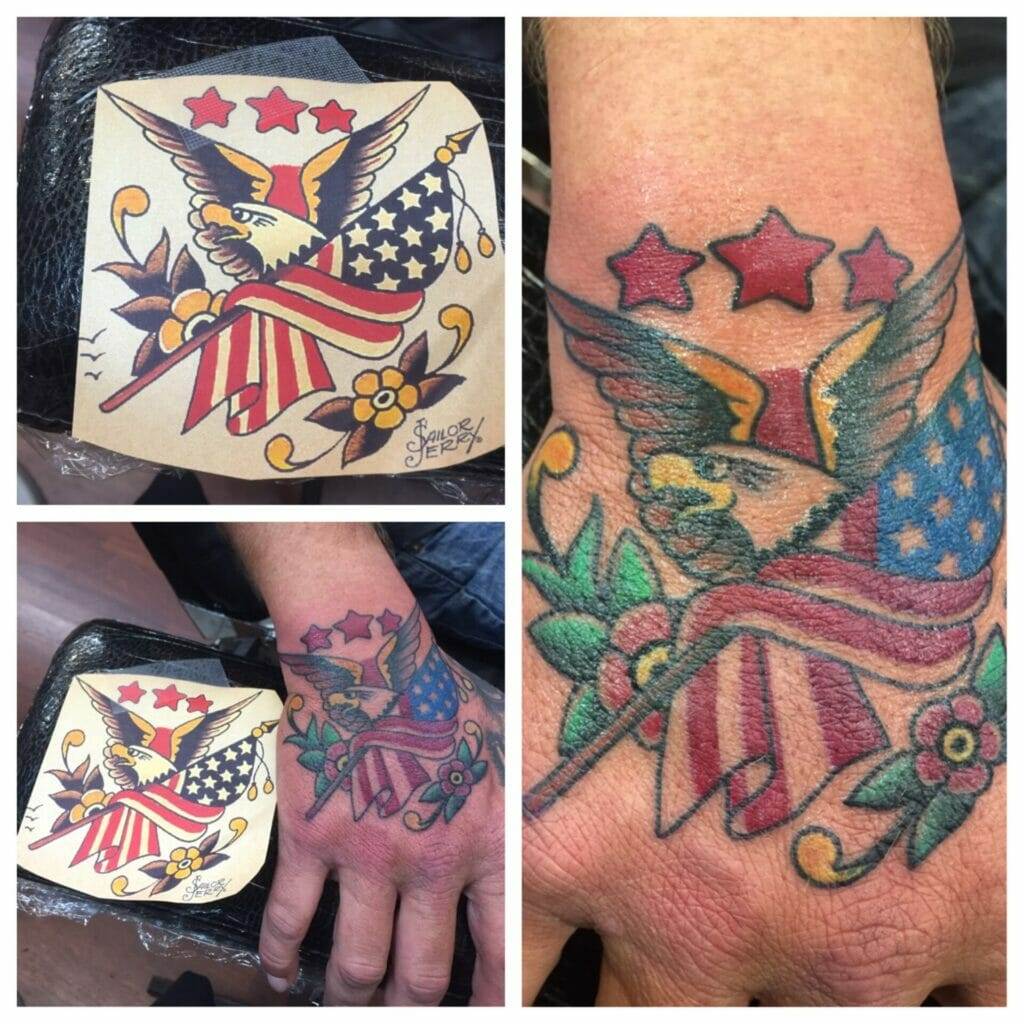 Eagle tattoo on hand.