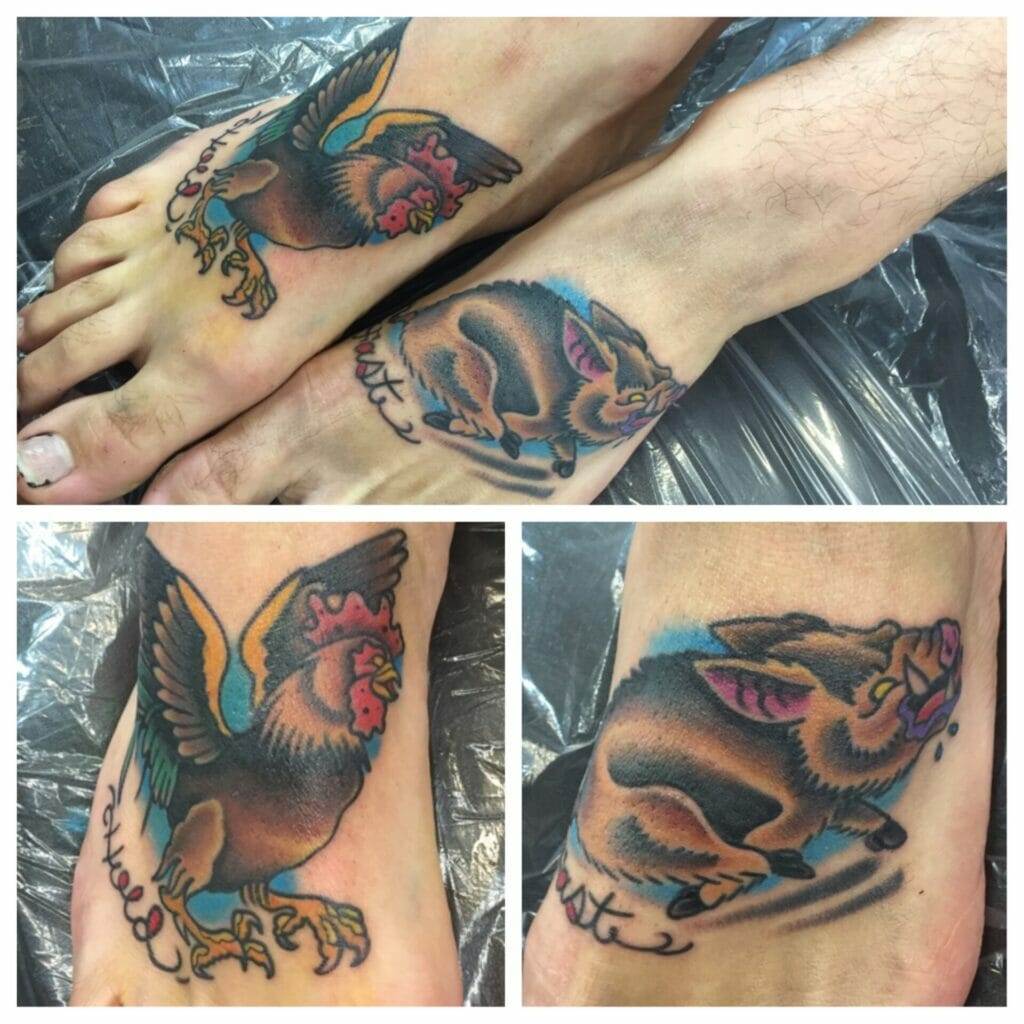 pig, rooster, tattoos