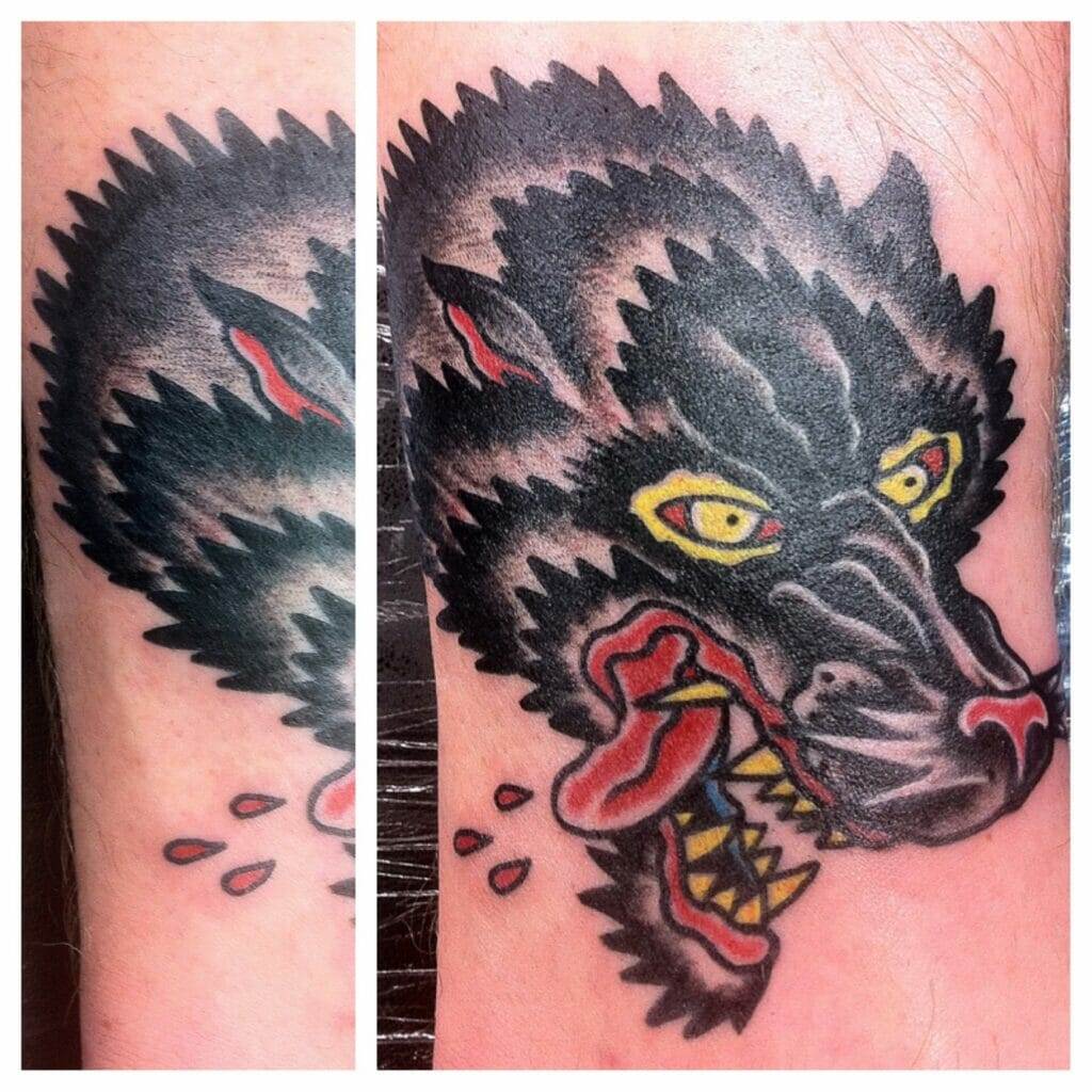 Black and white, tattoo, wolf's head