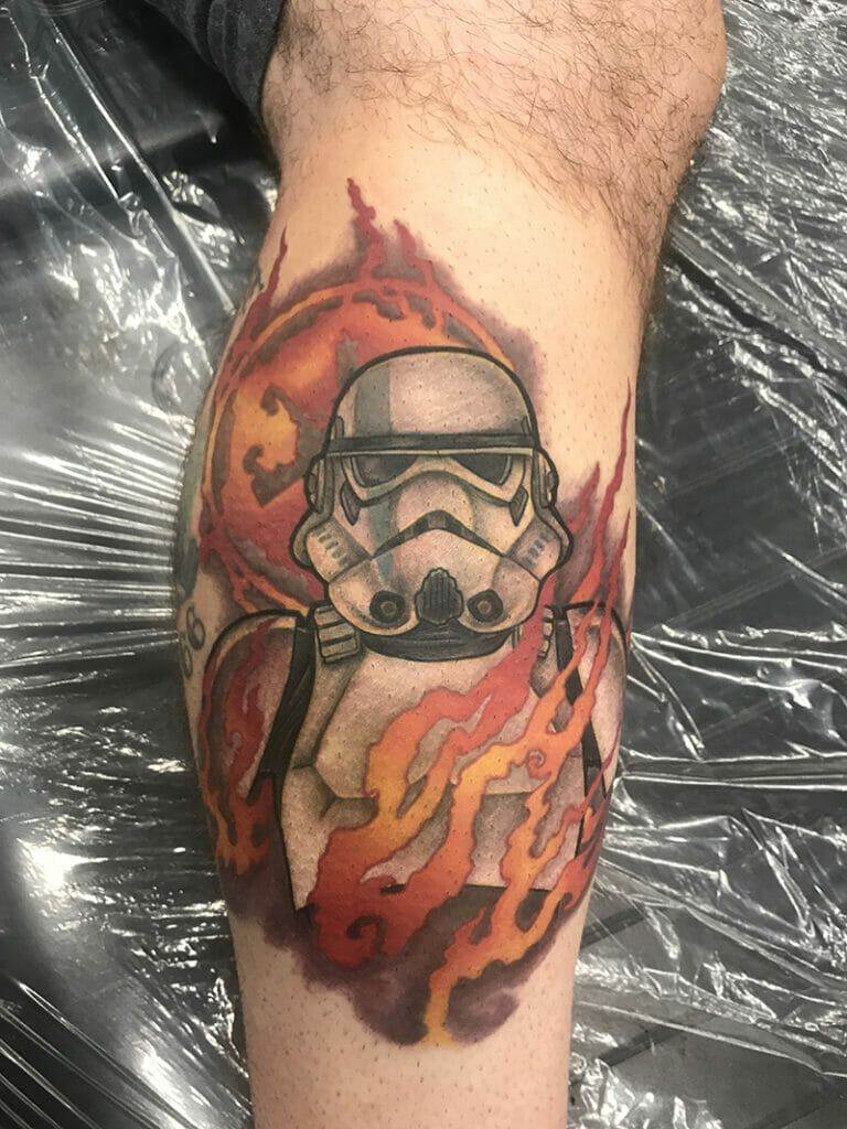 A star wars stormtrooper tattoo on a man's leg.