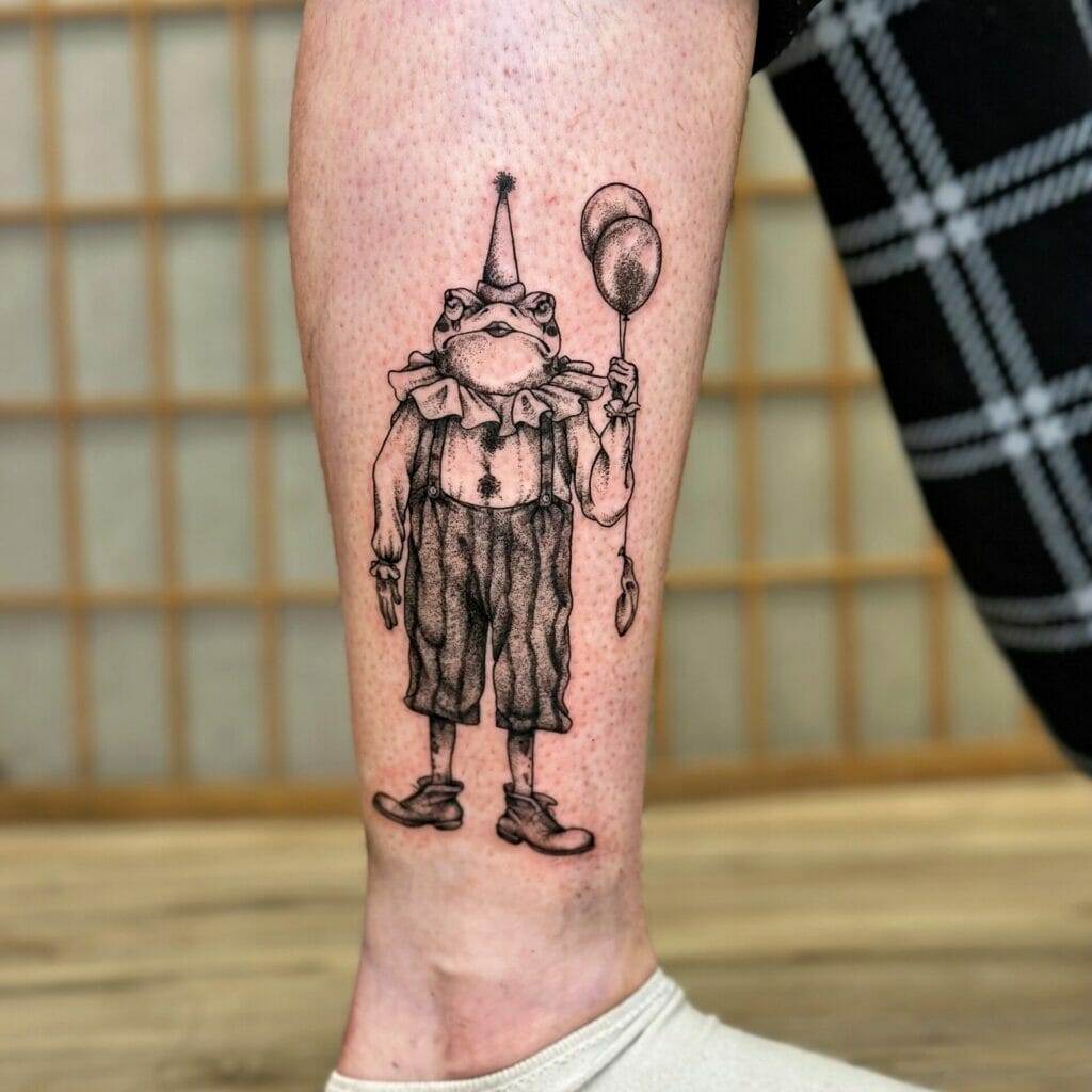 A tattoo of a clown holding a balloon.