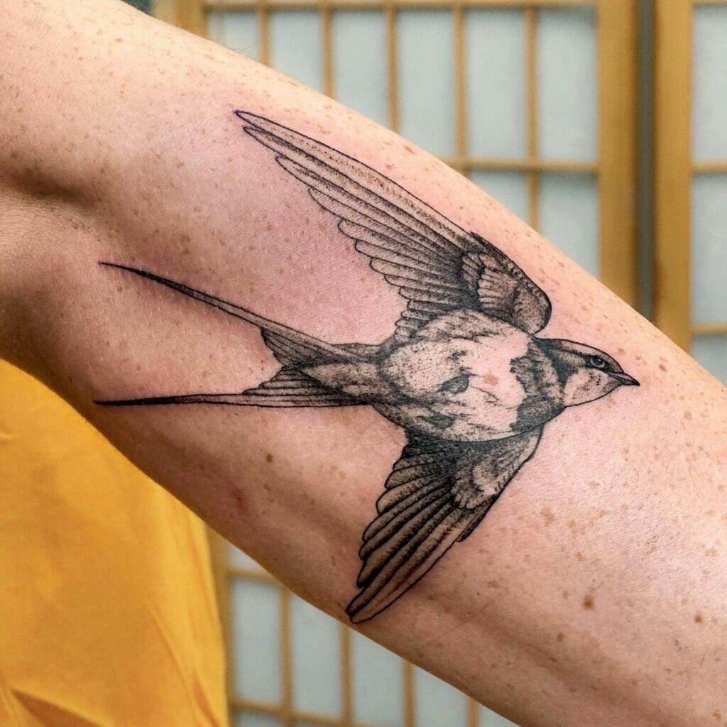 A tattoo of a swallow on a person's arm.