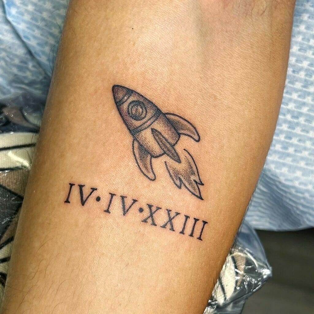 A tattoo of a rocket with roman numerals on it.