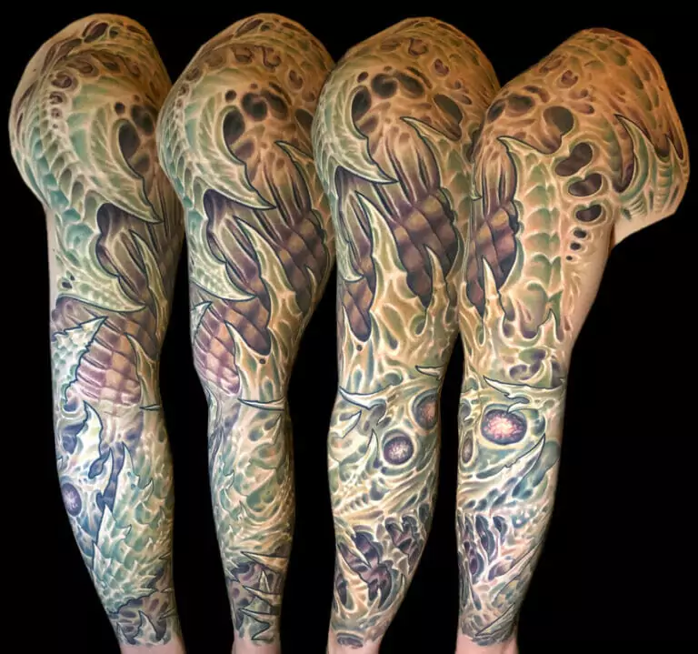 A man's sleeve tattooed with various designs.