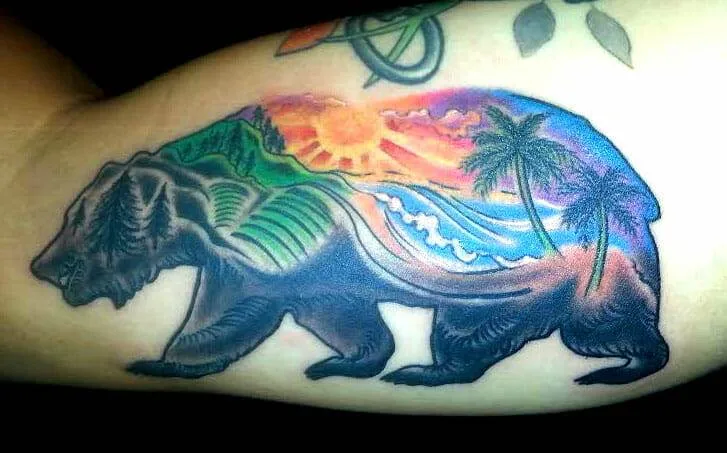 tattoo, bear, palm trees
