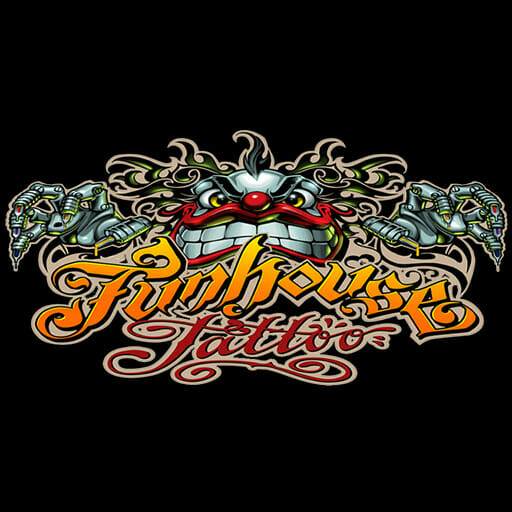 The logo for funhouse tattoo on a black background.