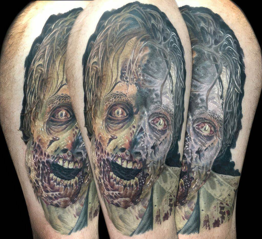 A tattoo of a zombie on a thigh.