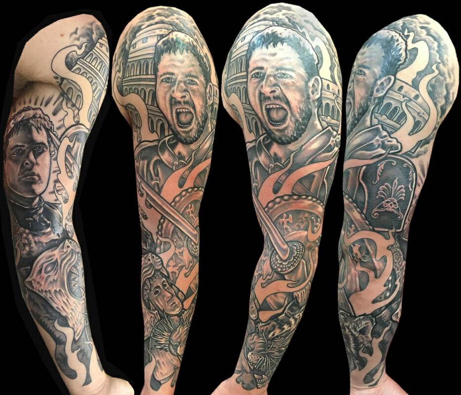 A full sleeve tattoo of a man and a woman.