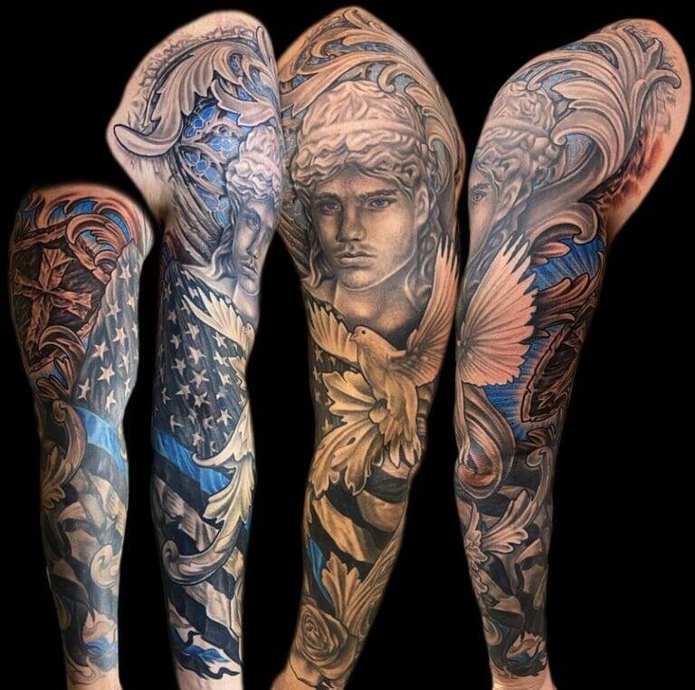 Three sleeve tattoos with different designs on them.