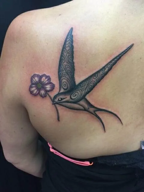 tattoo, swallow, purple flower