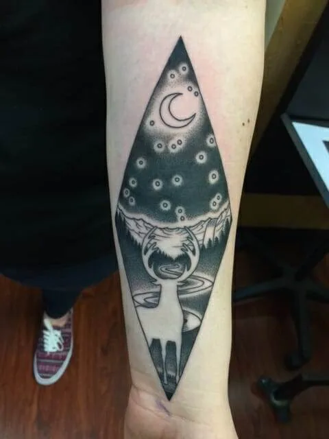 black, white, tattoo, deer, moon.
