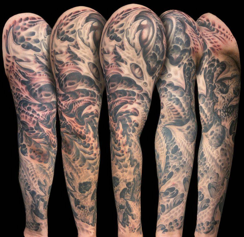 A sleeve of tattoos with black and grey designs.