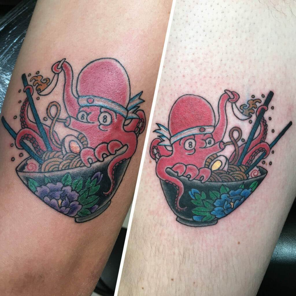 An octopus tattoo and a bowl of noodles.