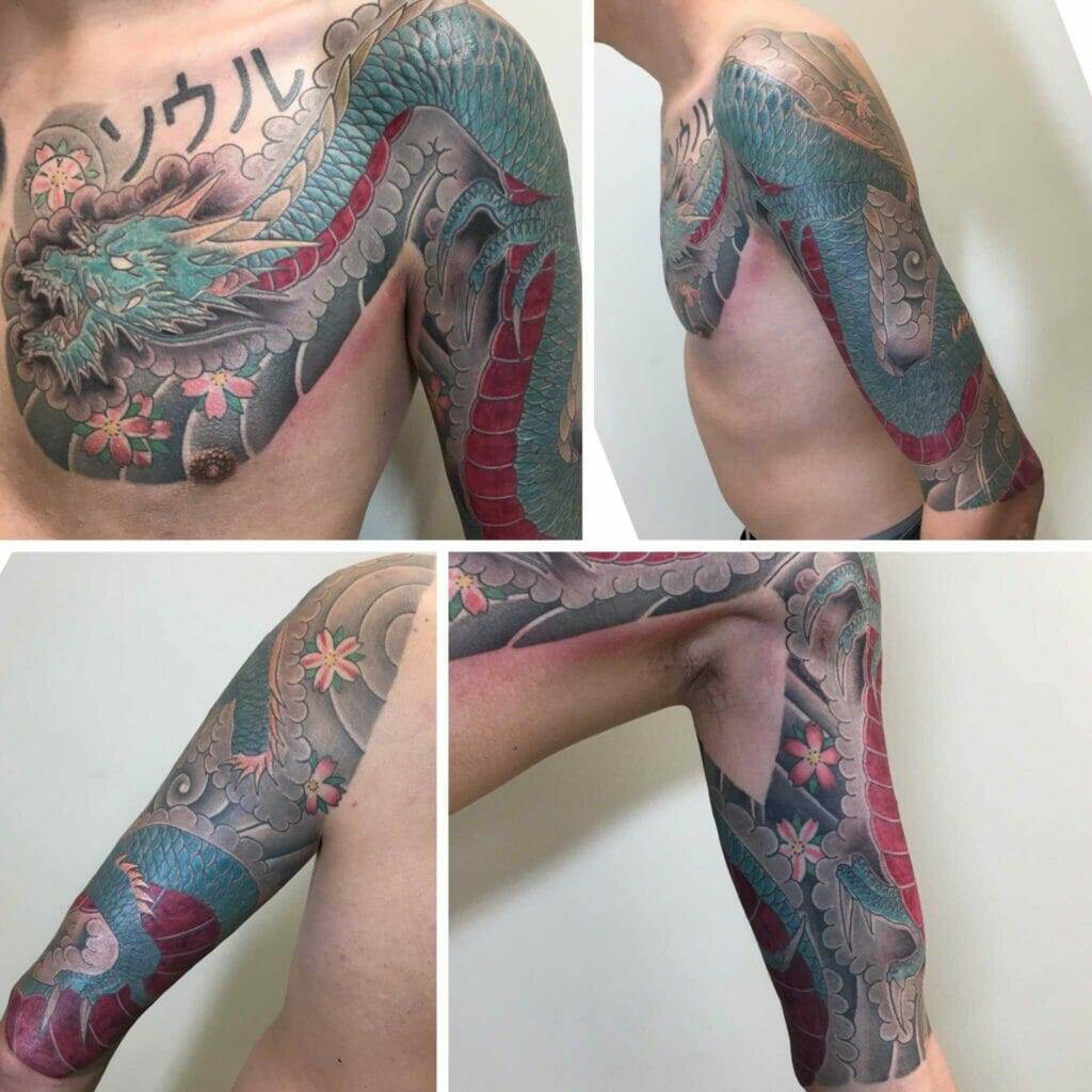 Japanese dragon sleeve tattoo.